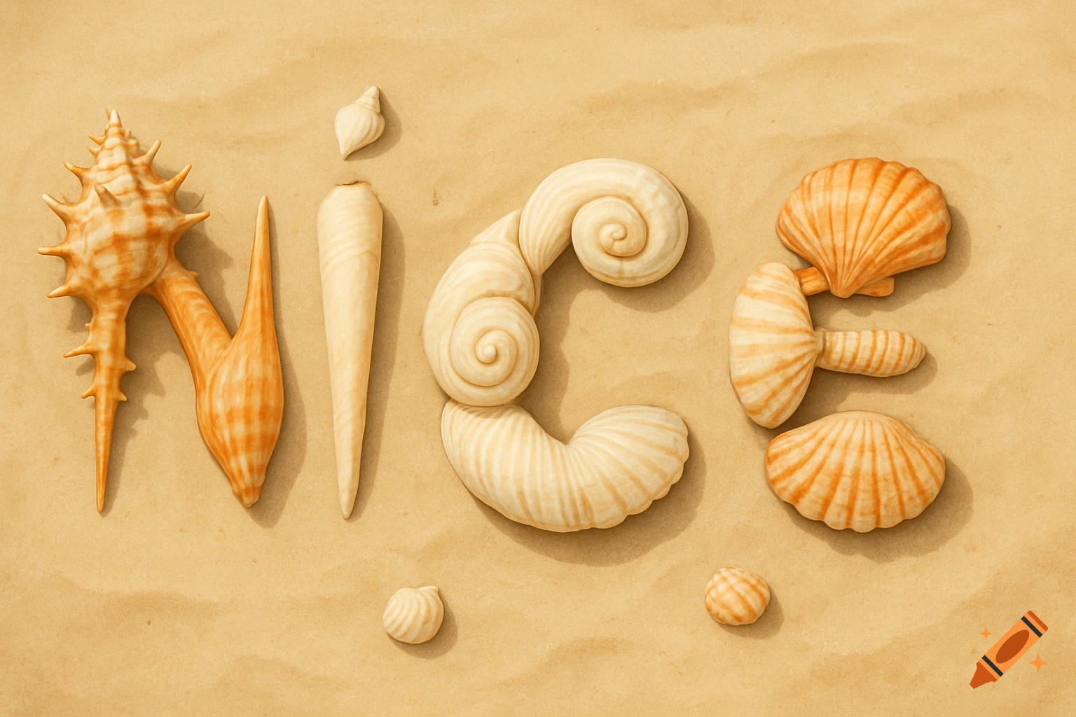 Seashells arranged to spell the word NICE on sand.
