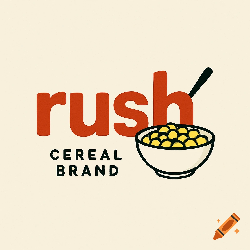 Logo for Rush Cereal Brand with text and cereal bowl