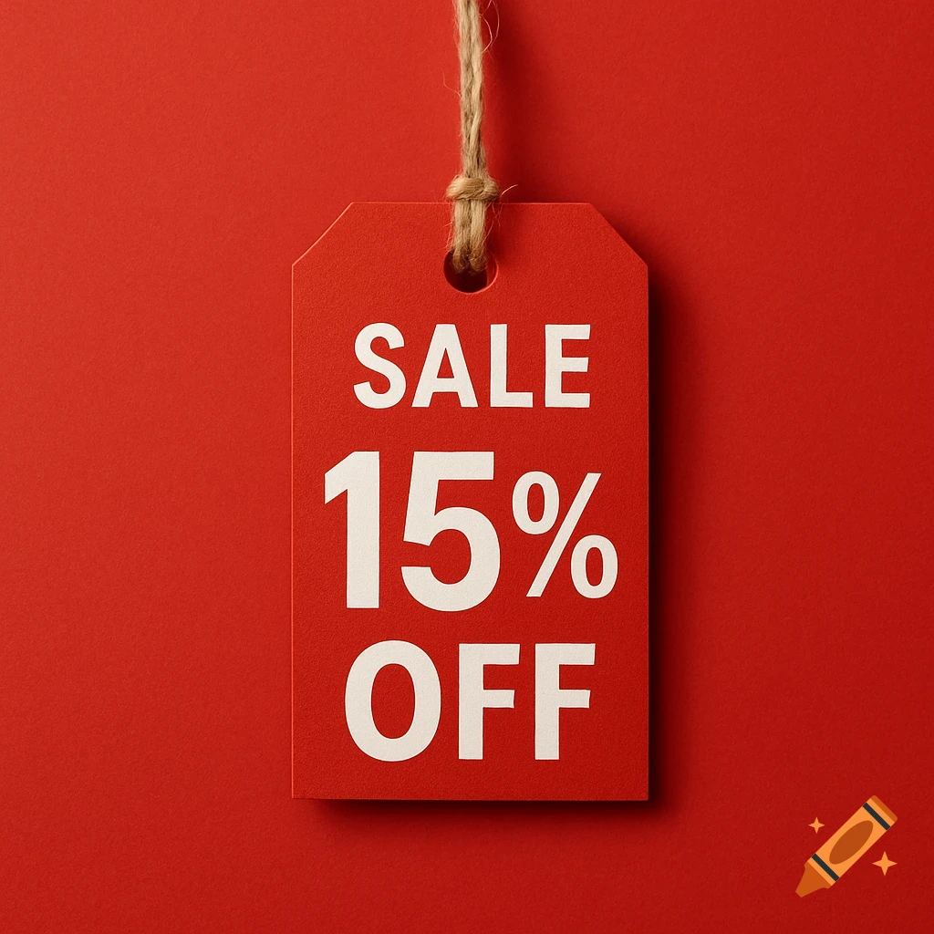 Red sale tag with 'SALE 15% OFF' against a red background.