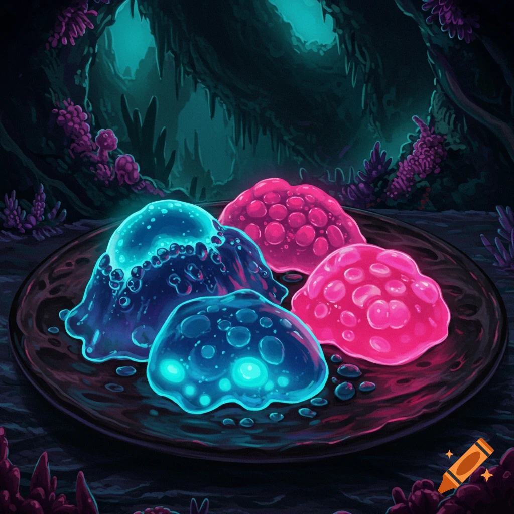 Glowing blue and pink alien food on a plate in a dark cave.