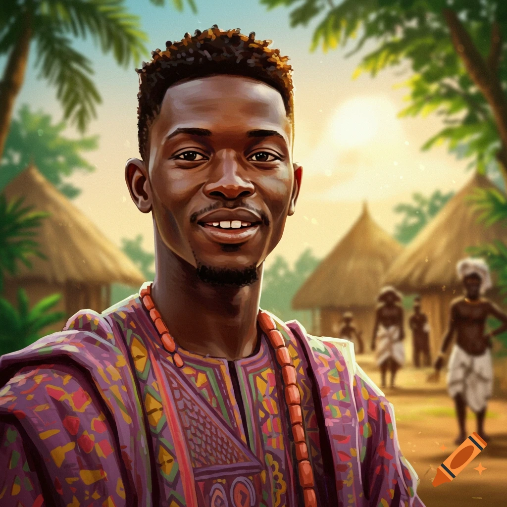 Smiling man in traditional African clothing in a village.