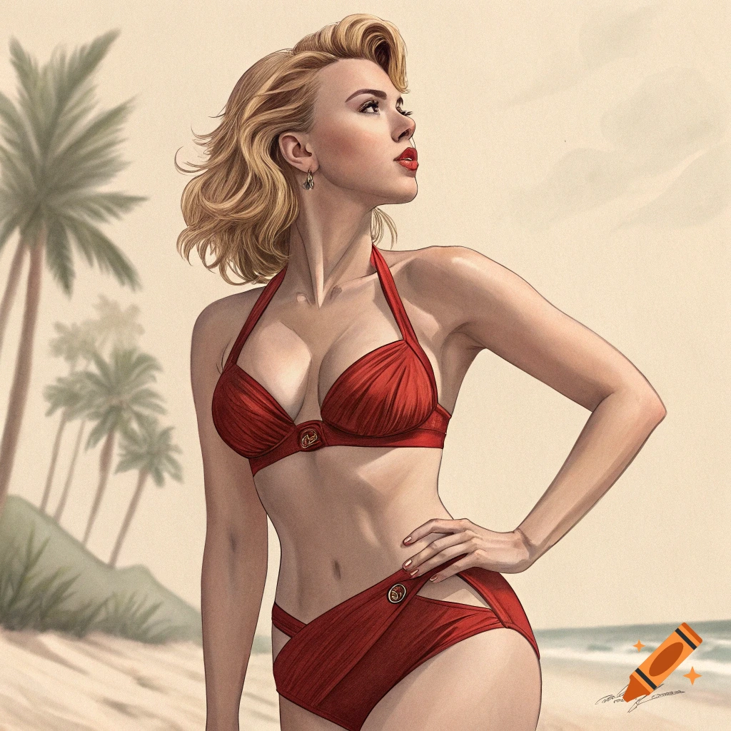 Illustration of a woman in a red bikini on a beach with palm trees