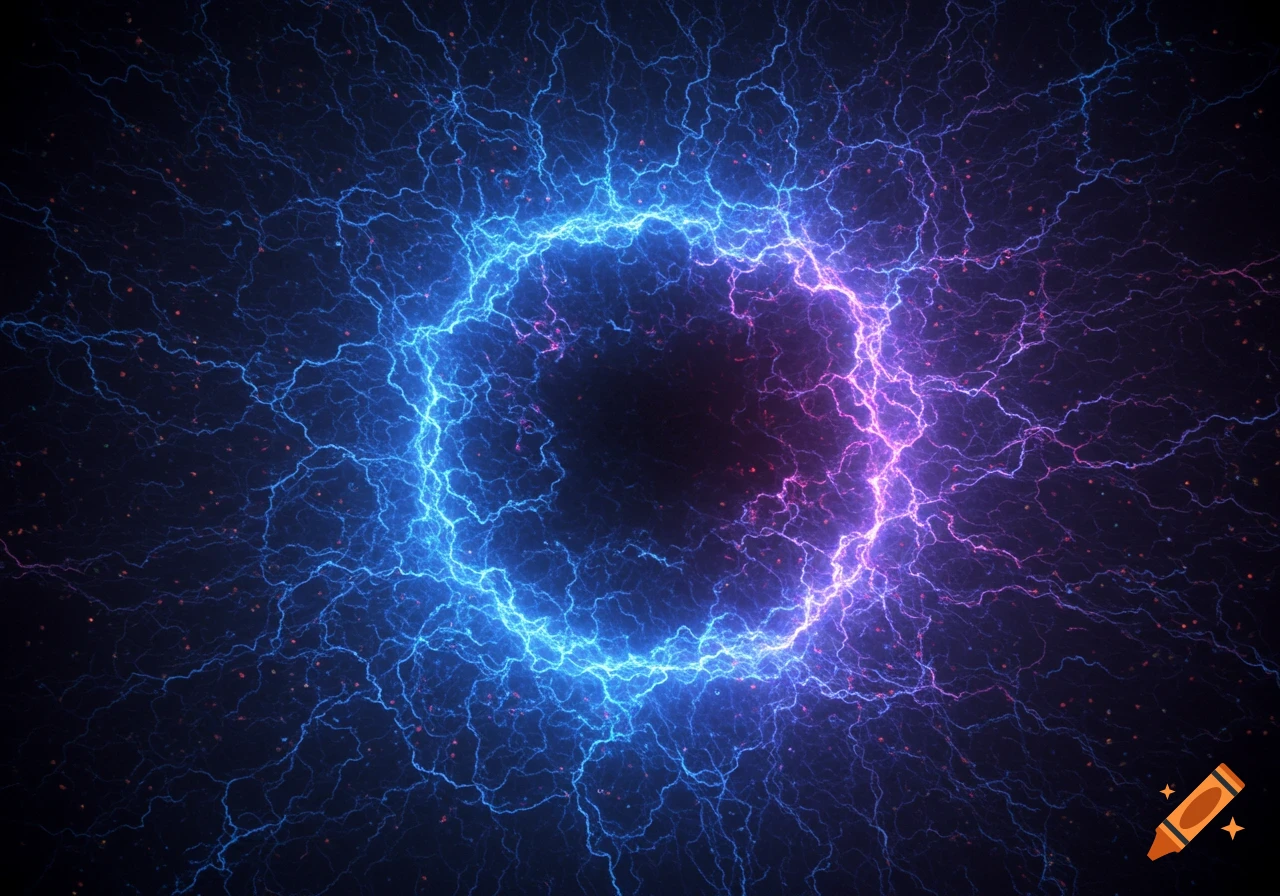 Abstract energy field of blue and purple lightning forming a circular shape against a dark background.
