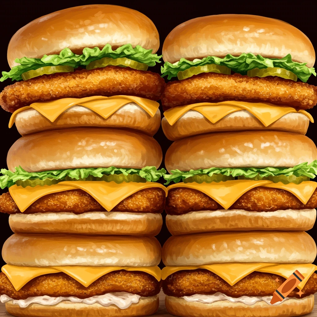 Digital painting of two tall stacks of fried chicken burgers