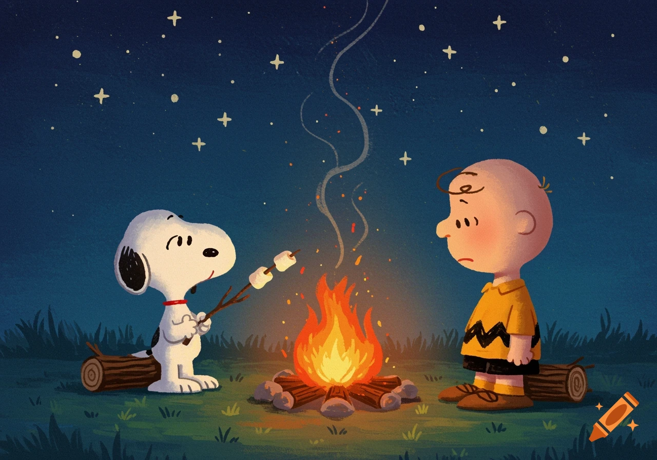 Snoopy roasts marshmallows with Charlie Brown by a campfire under a starry night sky. Illustration.