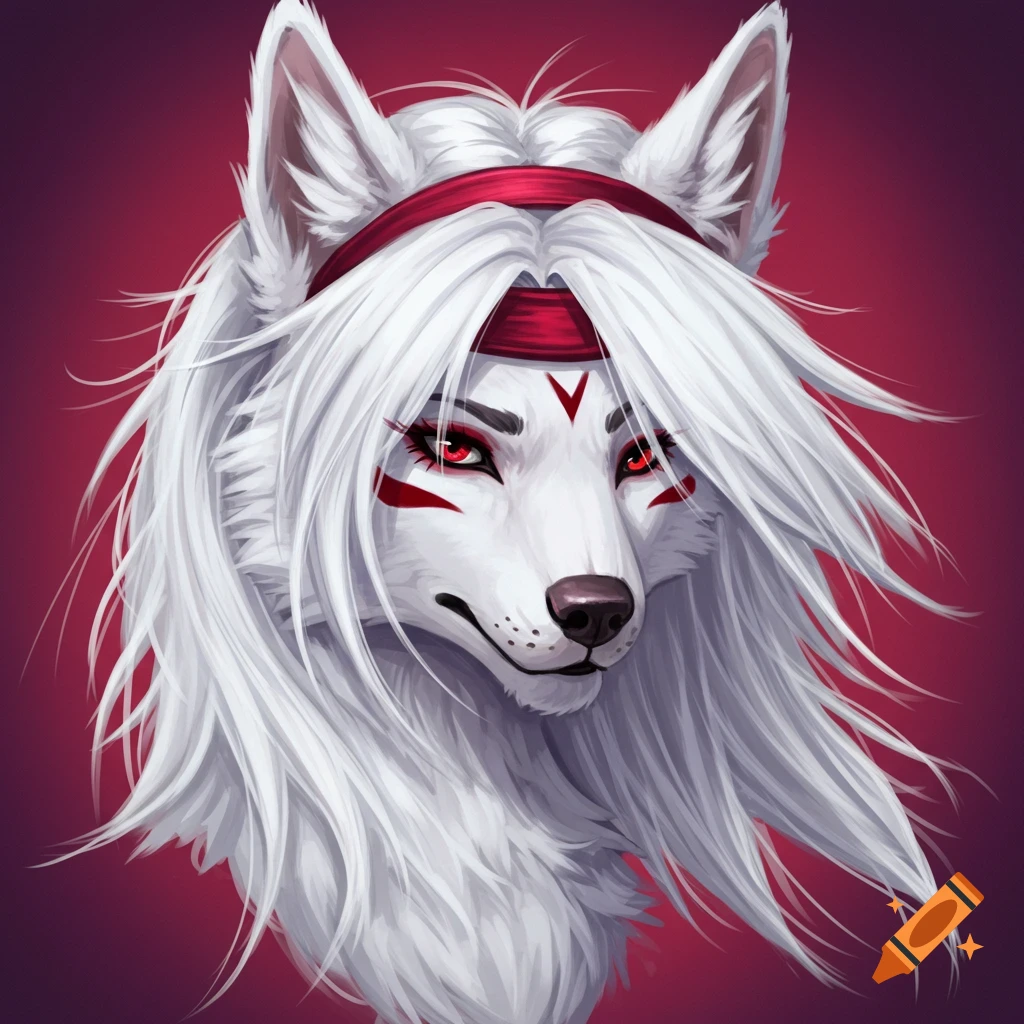 Anthro white wolf portrait with red headband, red facial markings, and long white hair.