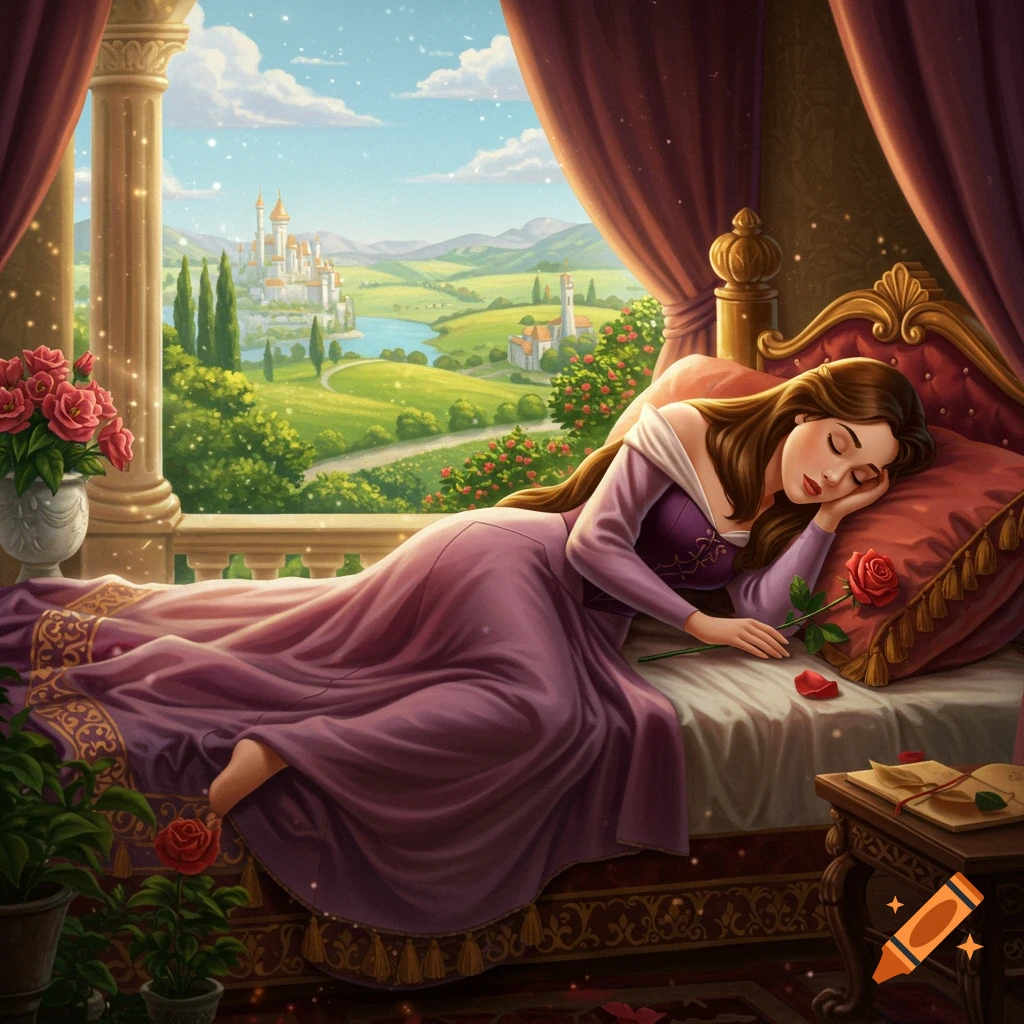 A woman in a purple dress sleeps on a luxurious bed, holding a rose, overlooking a castle and lush landscape from a balcony.