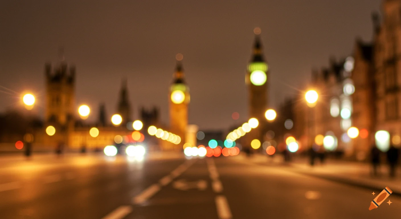 Blurry view of a city street at night with bright bokeh lights and buildings in the background.