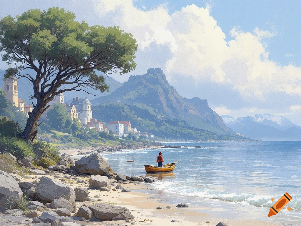 Painting of a coastal landscape with a village, mountains, beach, and a person in a boat.