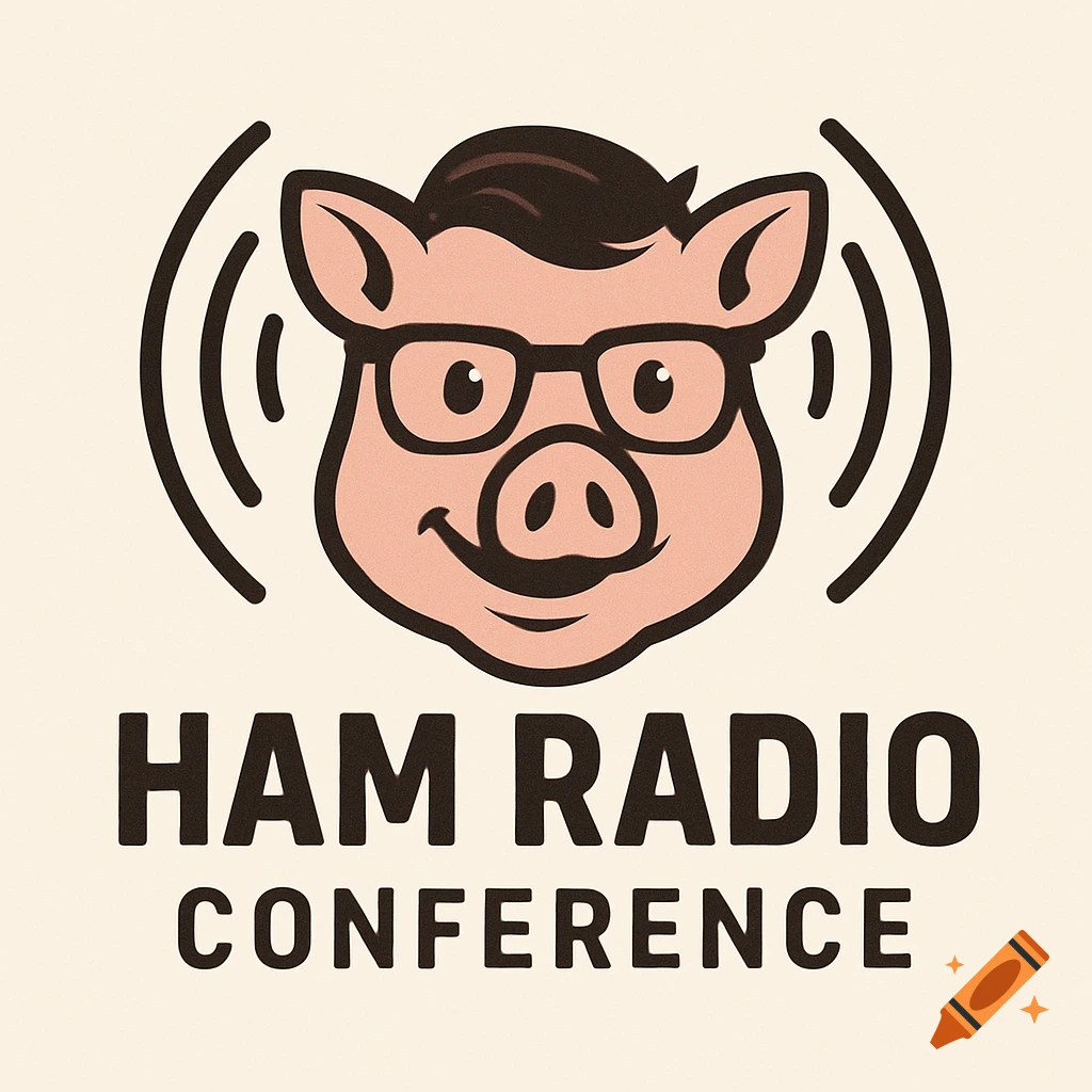 Cartoon pig with glasses above 'HAM RADIO CONFERENCE' text, logo style.