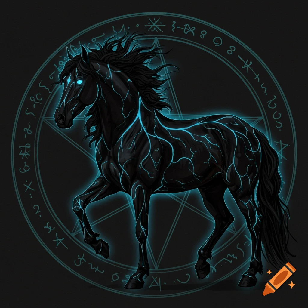 A dark horse with glowing blue veins stands inside a circular pentagram symbol.