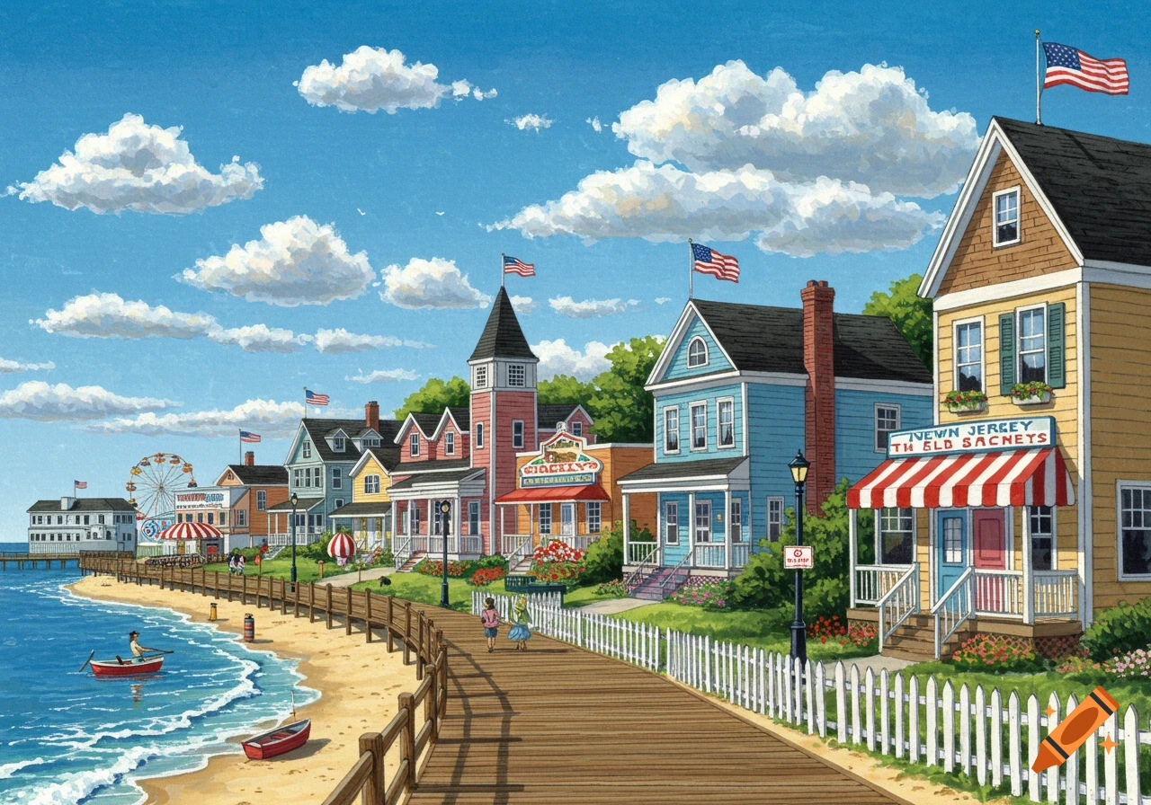 Illustrated scene of a colorful town along a boardwalk next to a beach and ocean.