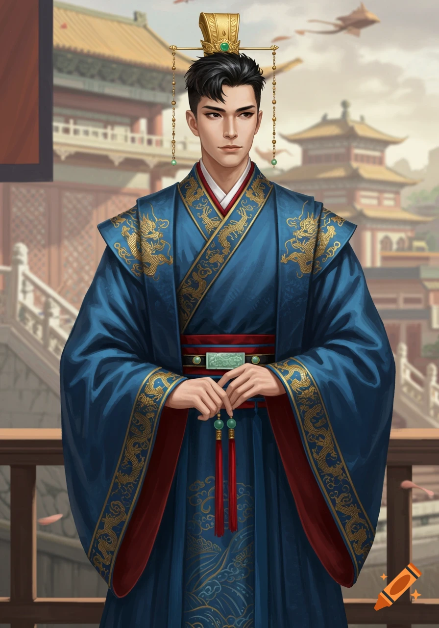Cartoon Imperial Robe A young man in blue and gold historical Chinese imperial robes and ...