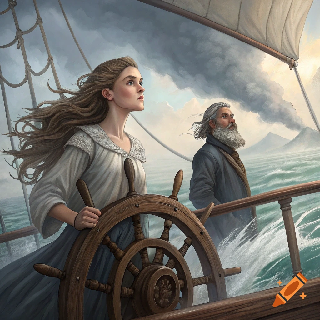 Digital painting of a woman steering a ship in stormy seas, a man looking out behind her