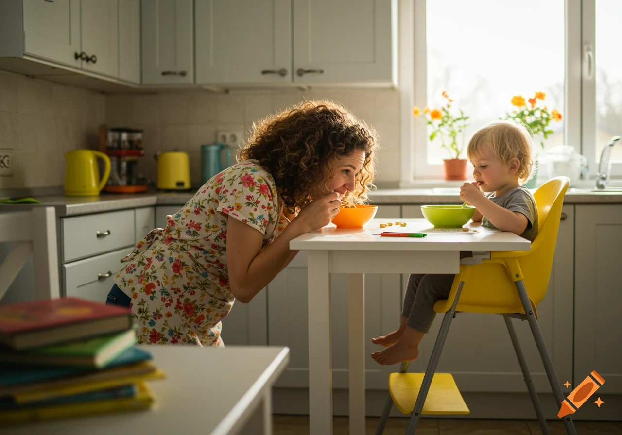 Mother and toddler child eat cereal at a kitchen table, sunlight streams from window.