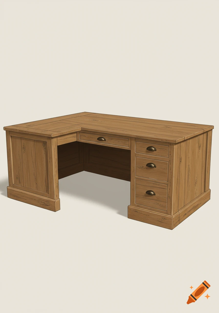 A farmhouse style L-shaped wooden desk.