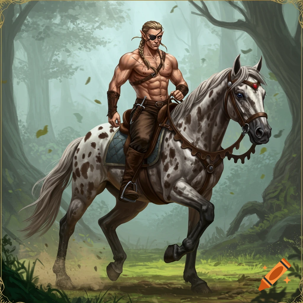 Muscular elf with eyepatch rides dappled horse through a forest, fantasy illustration