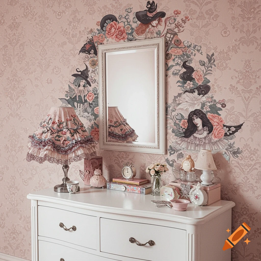 White dresser with mirror, decorated with floral and witchy illustrations on the wall, featuring lamps, clock, and figurines.