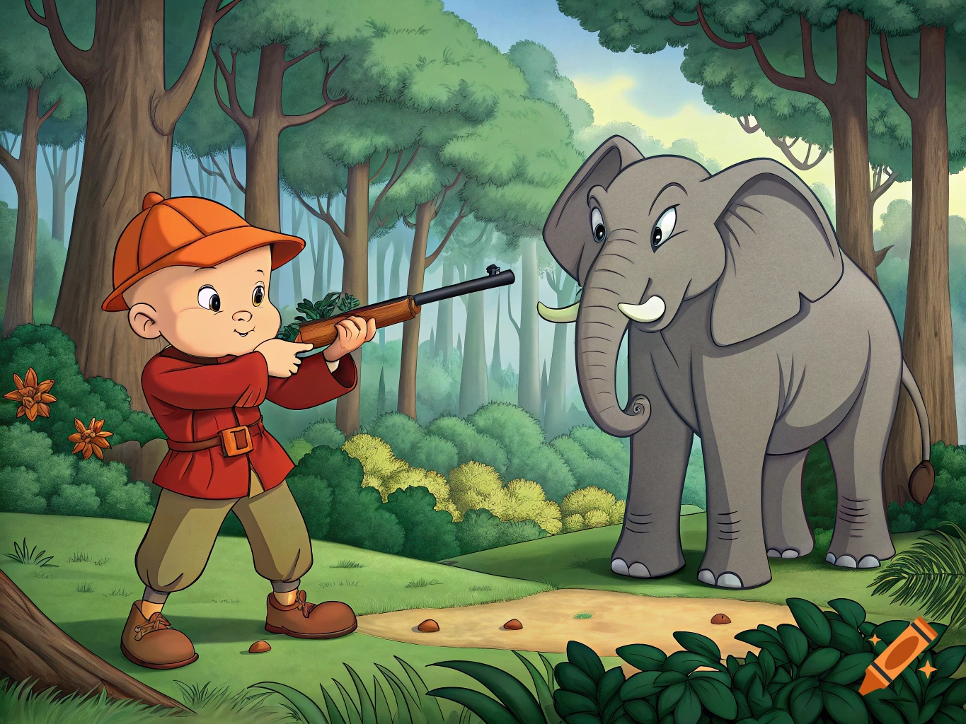 Cartoon boy aiming a rifle at an elephant in a forest.