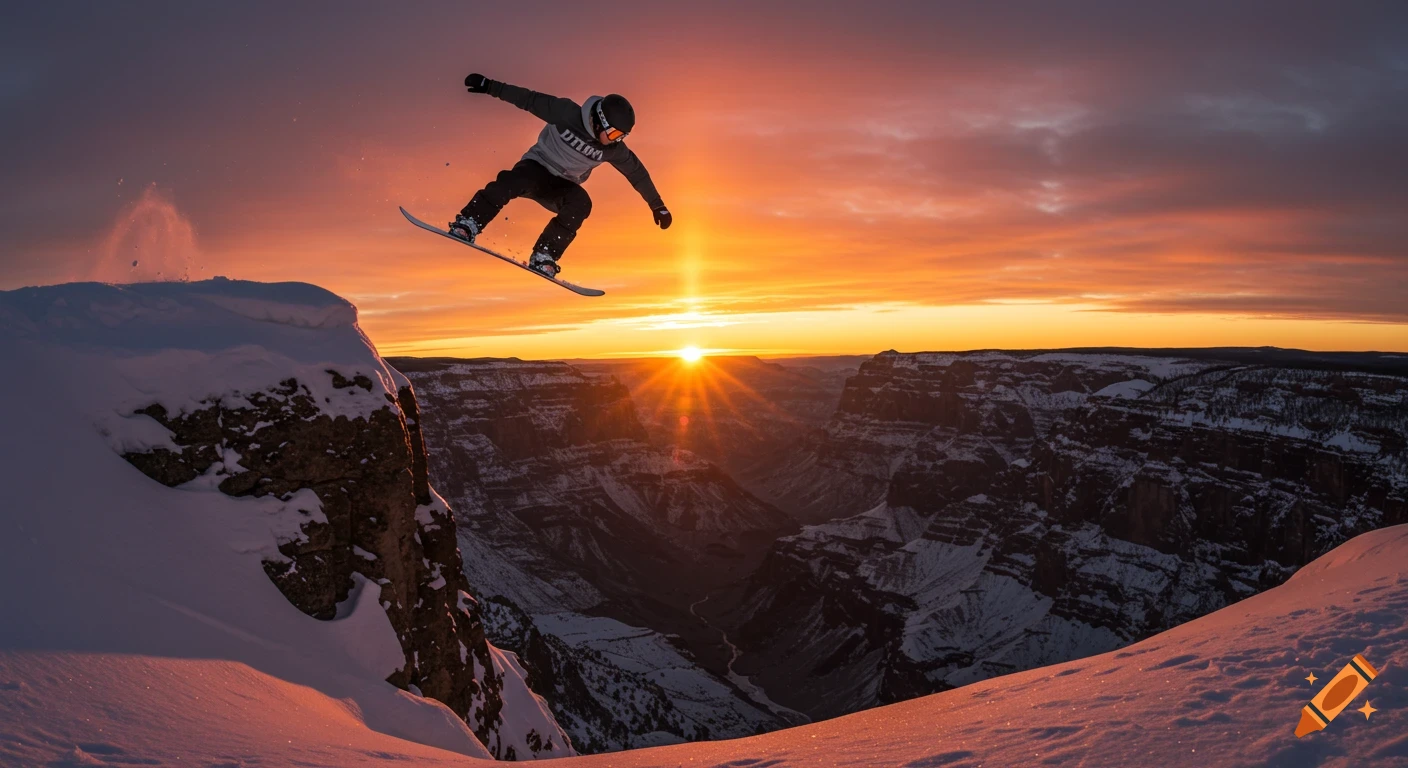 Snowboarder mid-air jump over a vast canyon at sunset, snow on surrounding mountains.