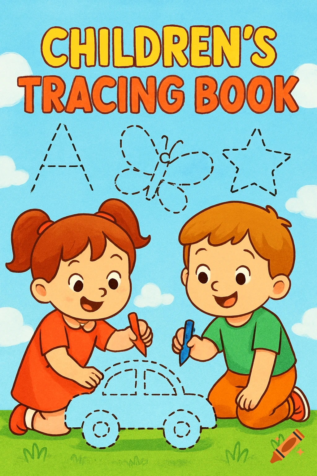 Cartoon illustration for a children's tracing book with a boy and girl tracing shapes.