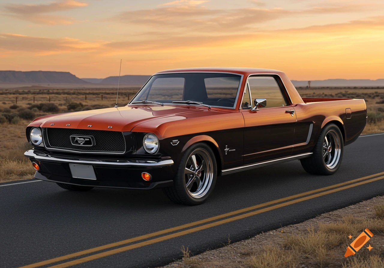A classic orange and black Ford Mustang coupe utility car drives on a desert road at sunset.