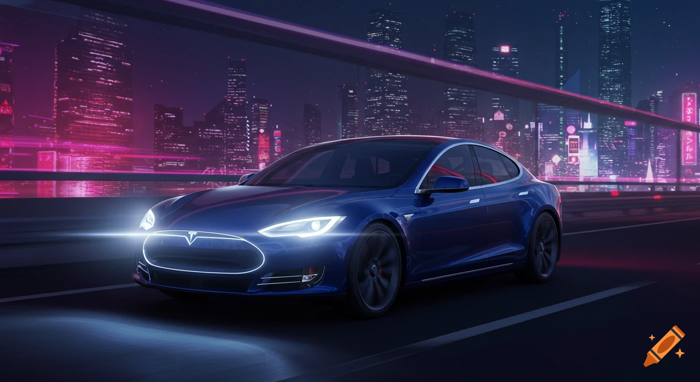 A blue Tesla Model S drives on a road with a futuristic city skyline at ...