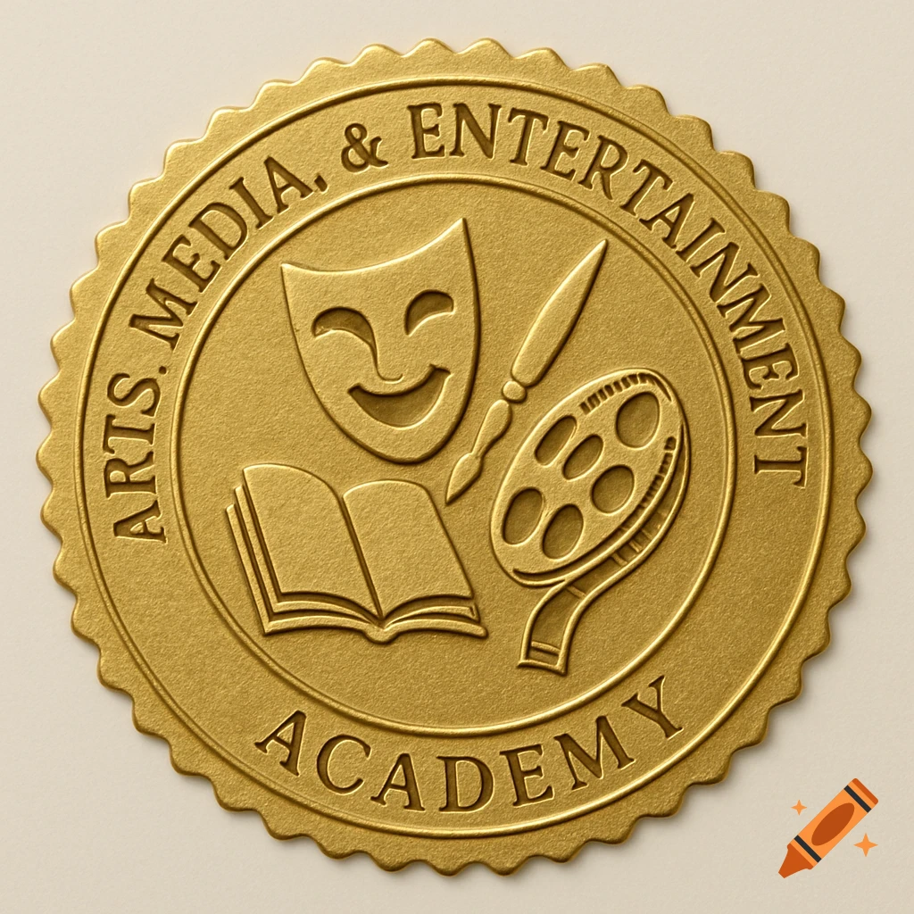 Embossed golden seal with symbols for theater, literature, art, and film, reading Arts, Media, & Entertainment Academy.