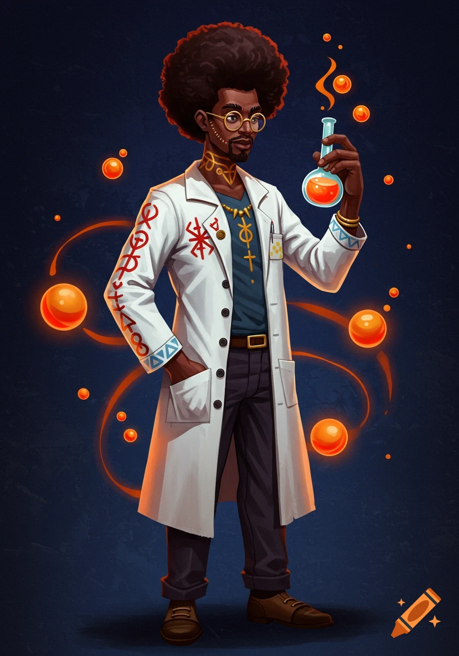 Stylized illustration of an African man with afro and glasses in a lab coat with symbols, holding a beaker with glowing liquid and surrounded by glowing spheres.