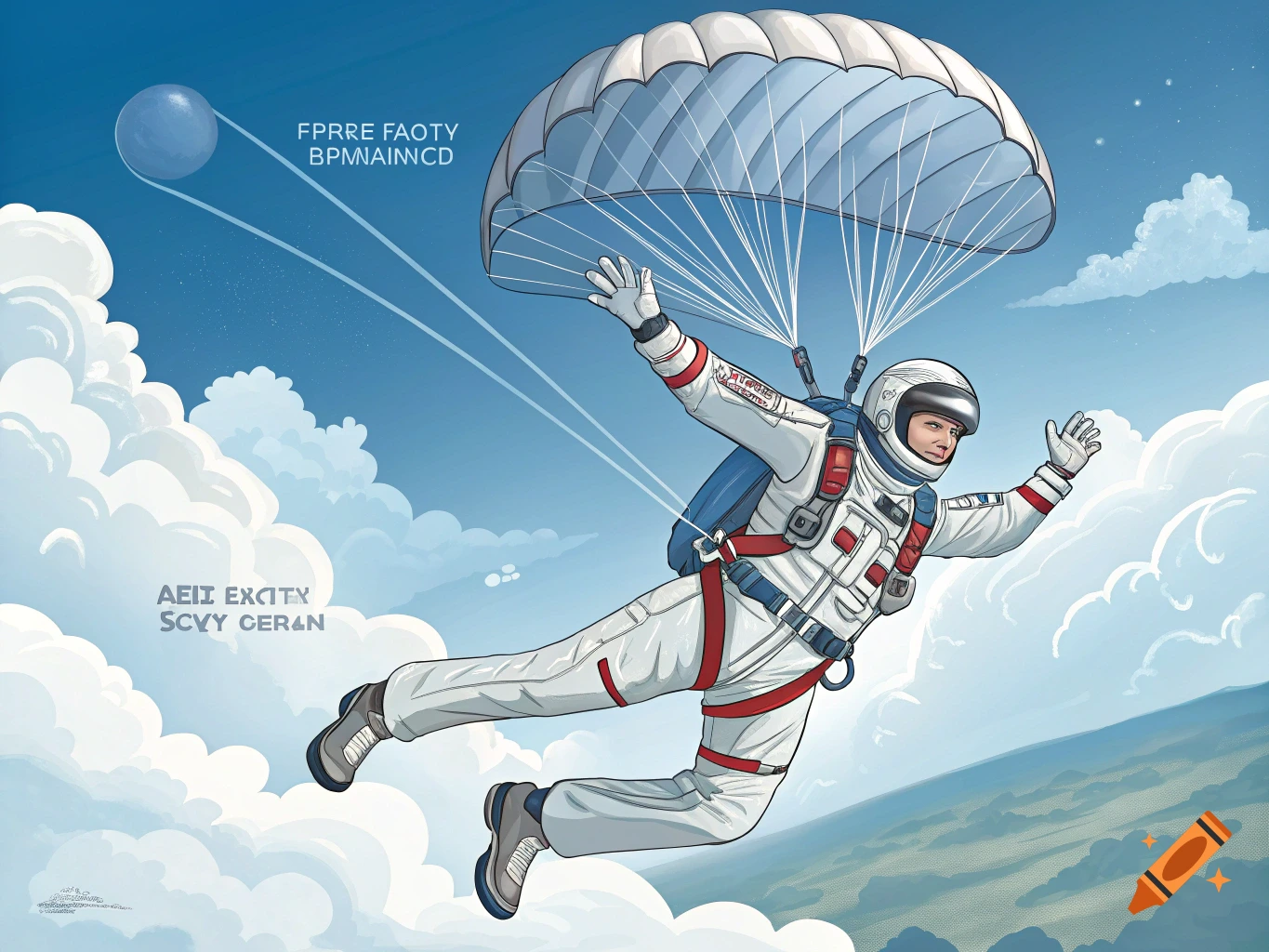An illustration of a person in a white and red suit with a parachute, floating in a blue sky with clouds.