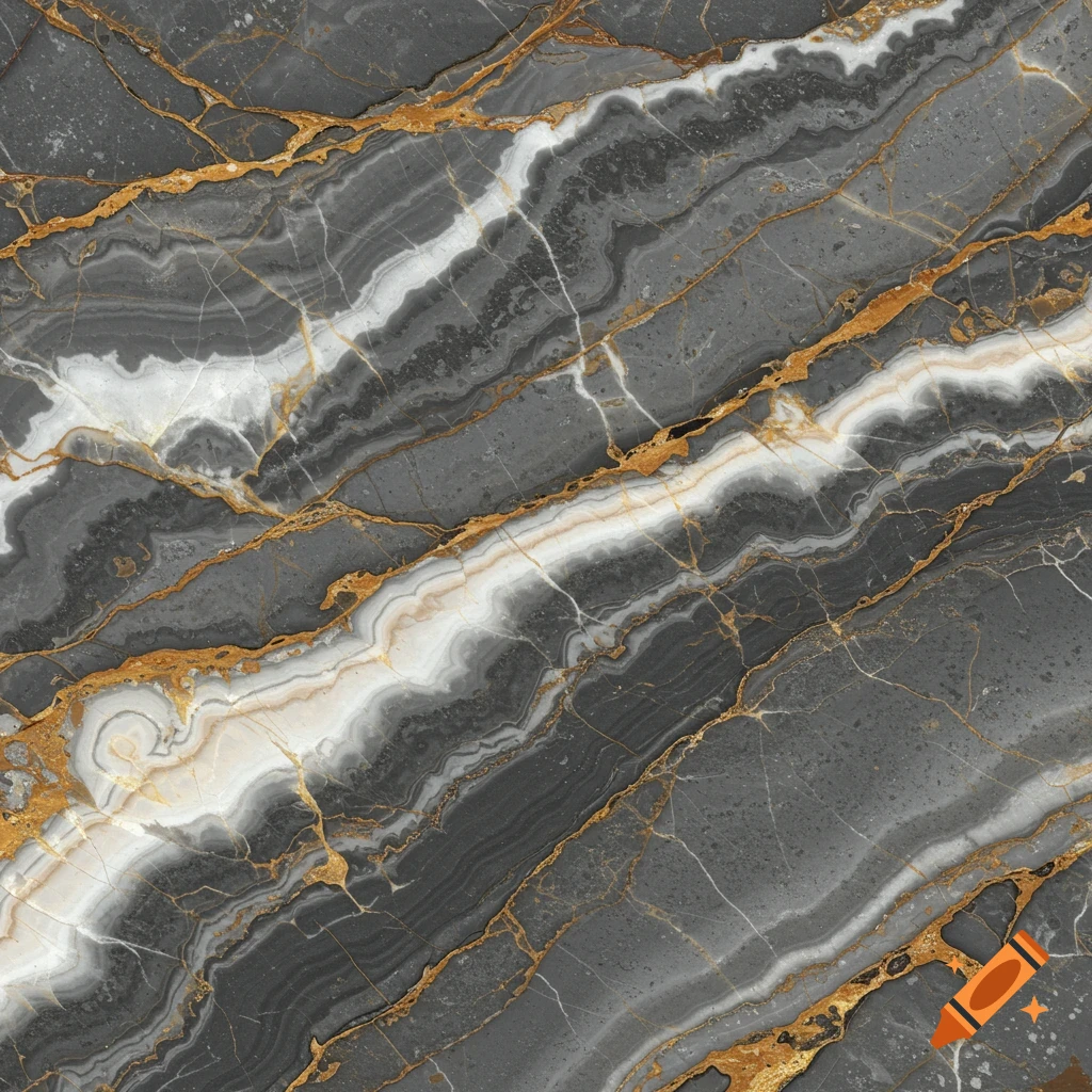 Close-up of grey marble texture with white and gold veins.