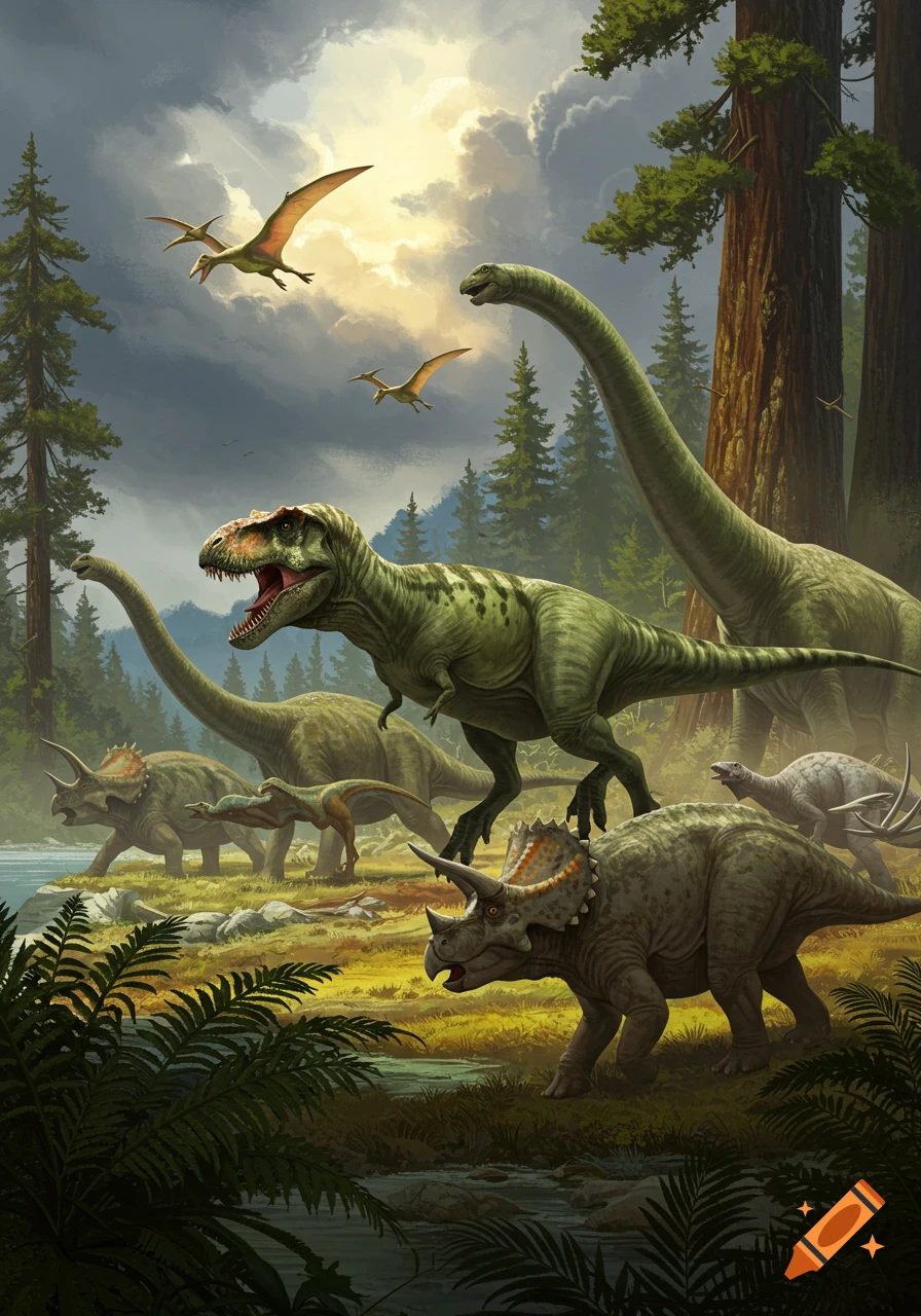 Illustration of a T-Rex, sauropods, triceratops, and pterodactyls in a prehistoric forest landscape with dramatic sky