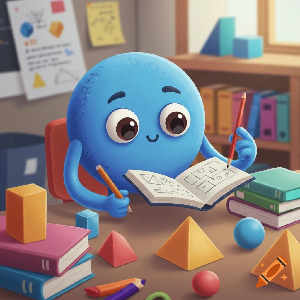 A cute blue sphere cartoon character studies geometry at a desk in a classroom.