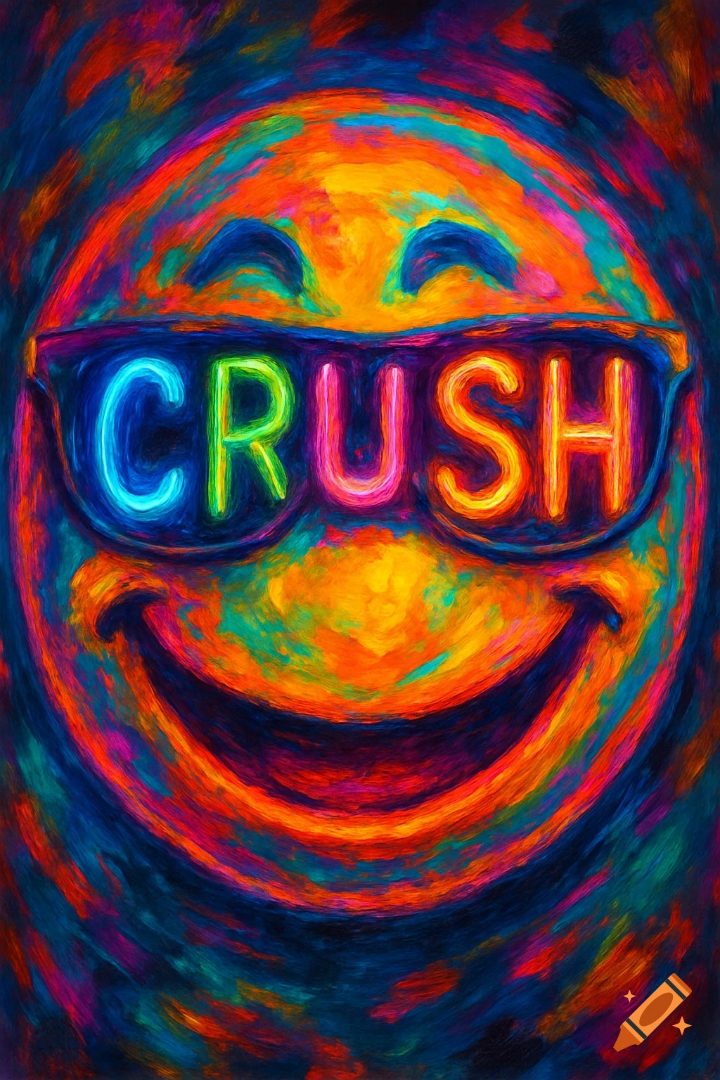 A trippy, colorful painting of a smiley face wearing sunglasses with the word "CRUSH" in neon letters.