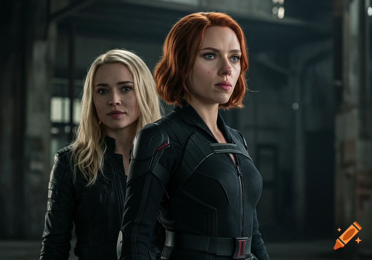Two women in black tactical suits stand side-by-side, one with red hair, the other blonde.