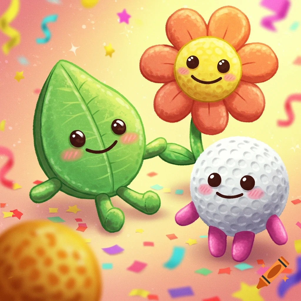 Cute plush toys, a leaf, golf ball, and flower, stand among colorful confetti.