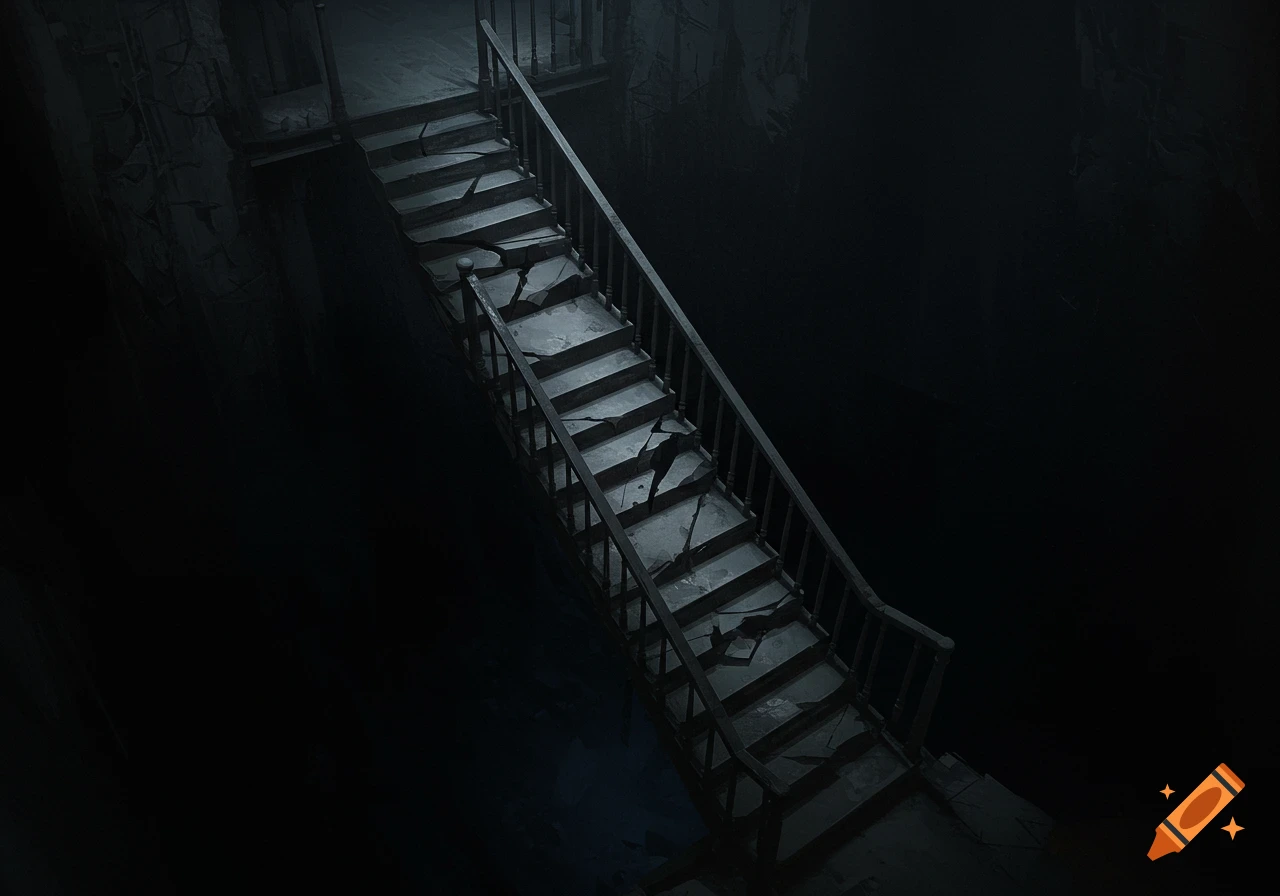 A dark, broken concrete staircase descends into deep darkness.
