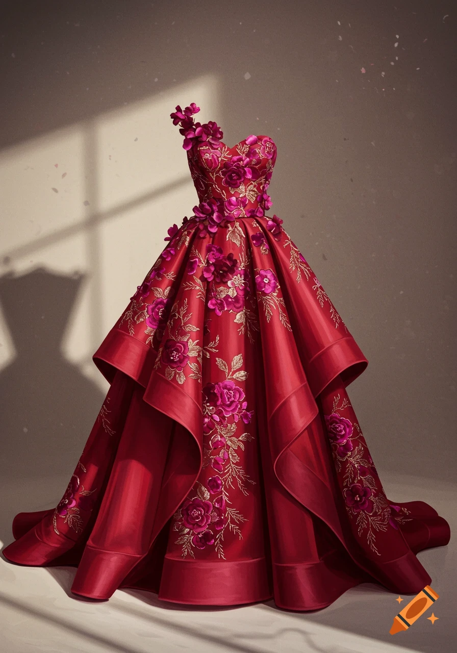 Elegant red ball gown with pink floral embroidery and layered skirt.