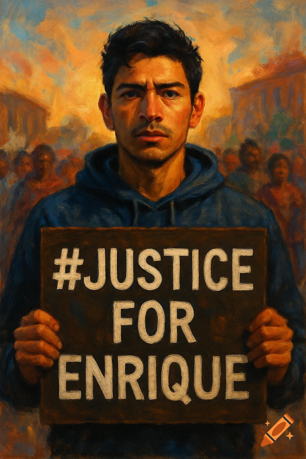 Man holding a protest sign that says #JusticeForEnrique in a painting style.