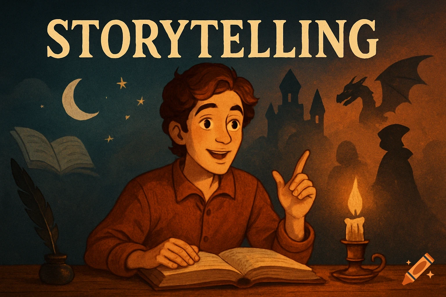 Illustration of a person reading a book, pointing, with fantasy elements like a dragon, castle, and moon in the background. Text reads 'STORYTELLING'.