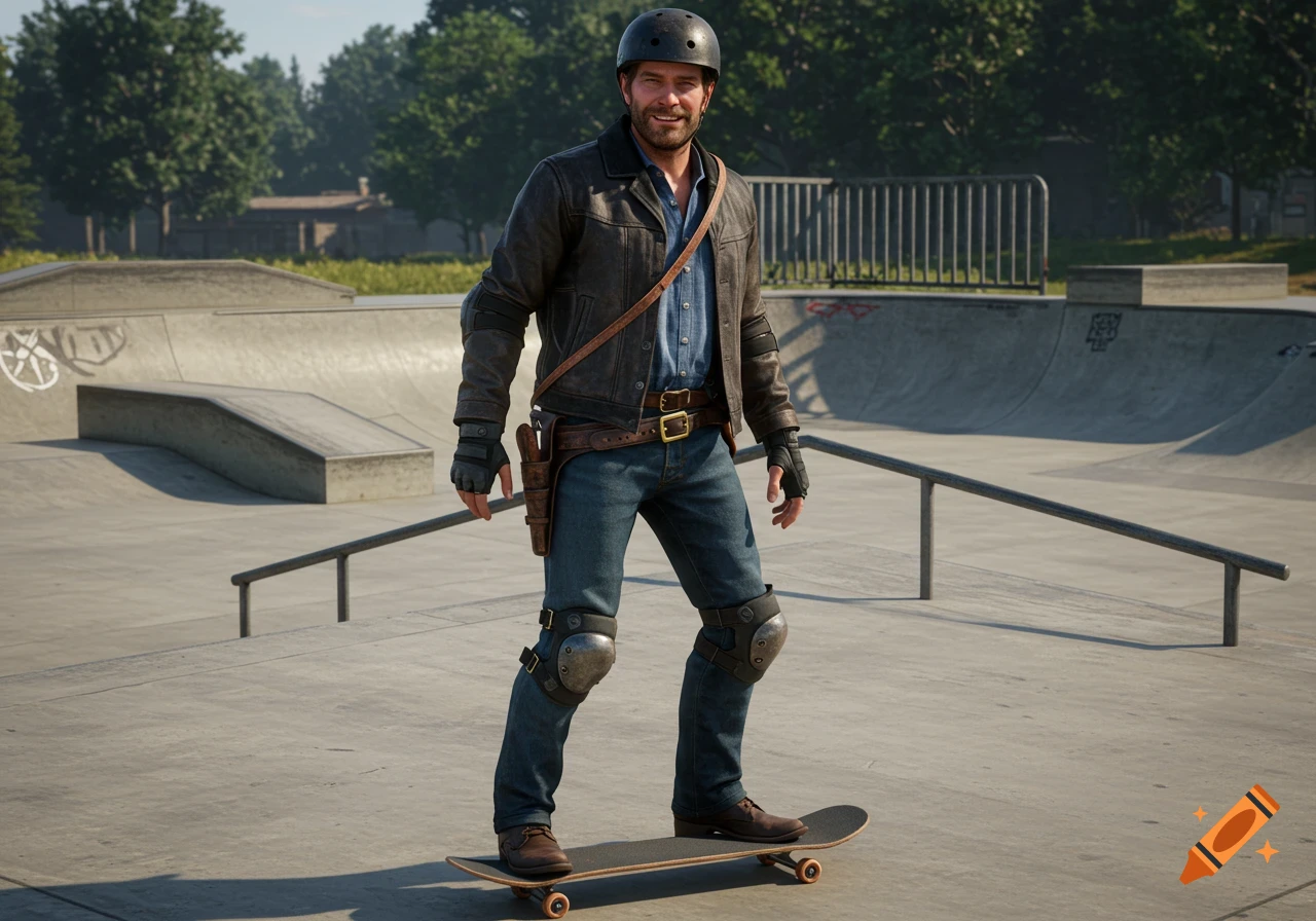 A man wearing a helmet and pads rides a skateboard in a skatepark. Photorealistic style.