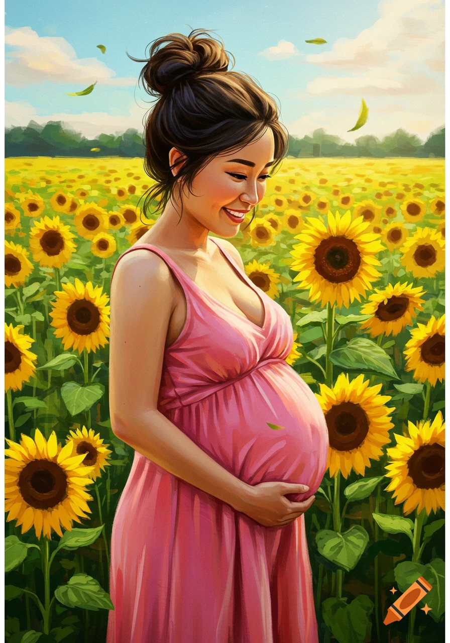 A pregnant woman in a pink dress smiles while standing in a field of sunflowers.