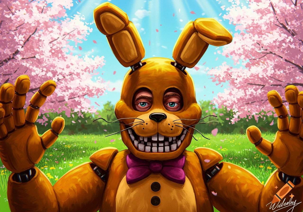 An illustration of the Spring Bonnie animatronic standing in a field with cherry blossom trees.