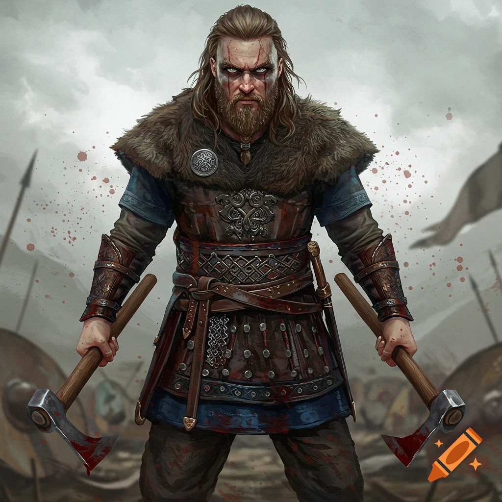 A fierce Viking warrior with axes and blood spatter stands on a battleground, illustration.