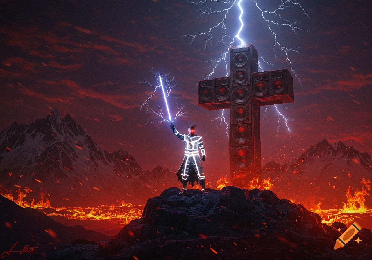 Figure with lightsaber on a rocky peak before a speaker cross and lightning in a dramatic, fiery landscape.