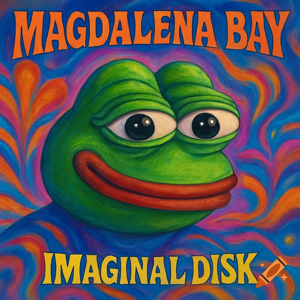 Psychedelic album cover art with Pepe the Frog and text 'MAGDALENA BAY IMAGINAL DISK'