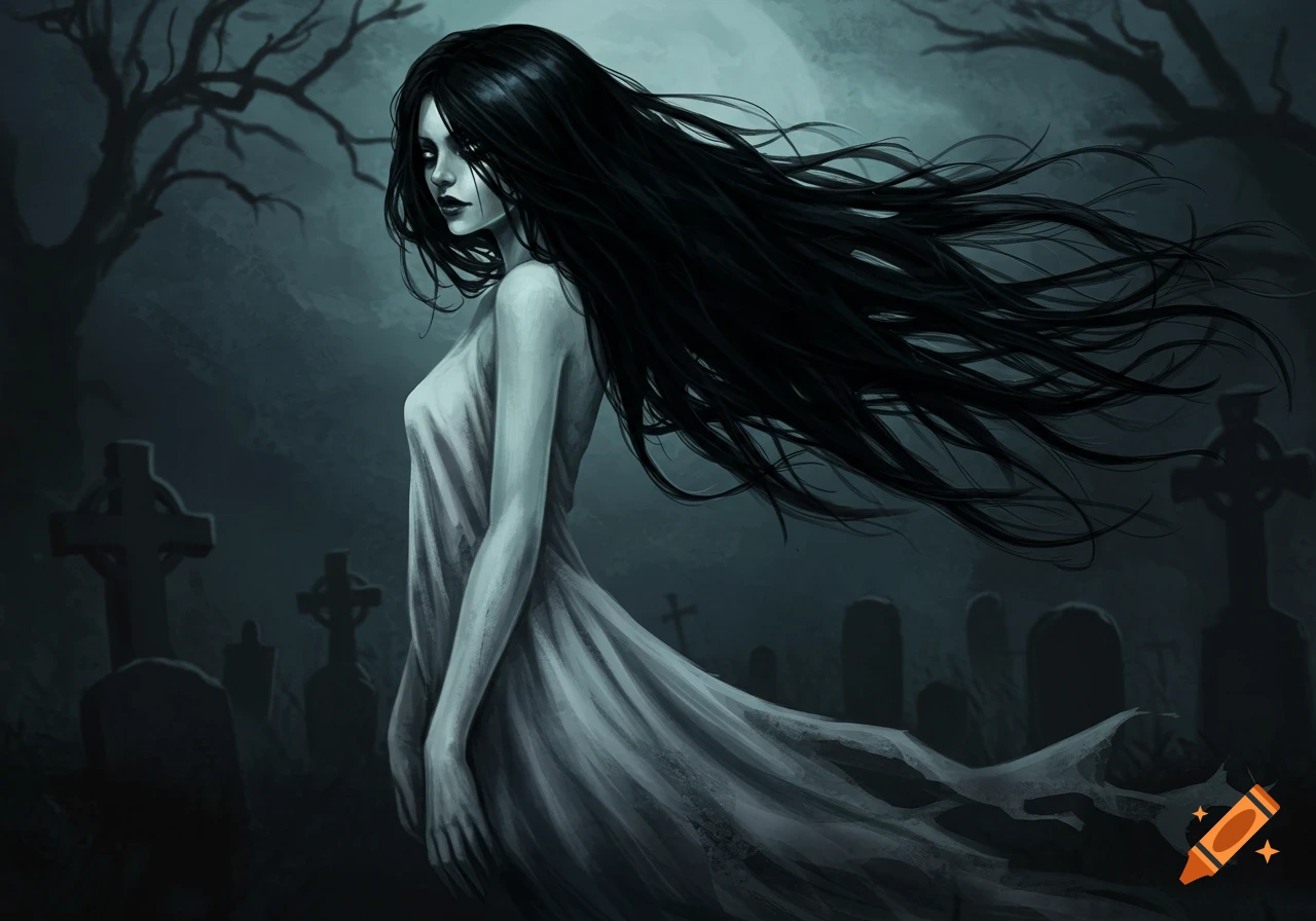 A ghostly woman with long black hair stands in a dark graveyard at night