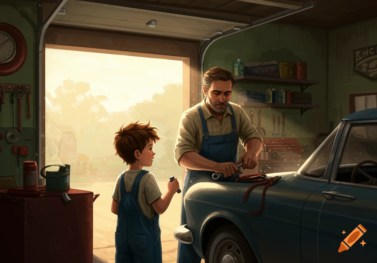 Man and boy work on a car in a garage in an illustrative style.