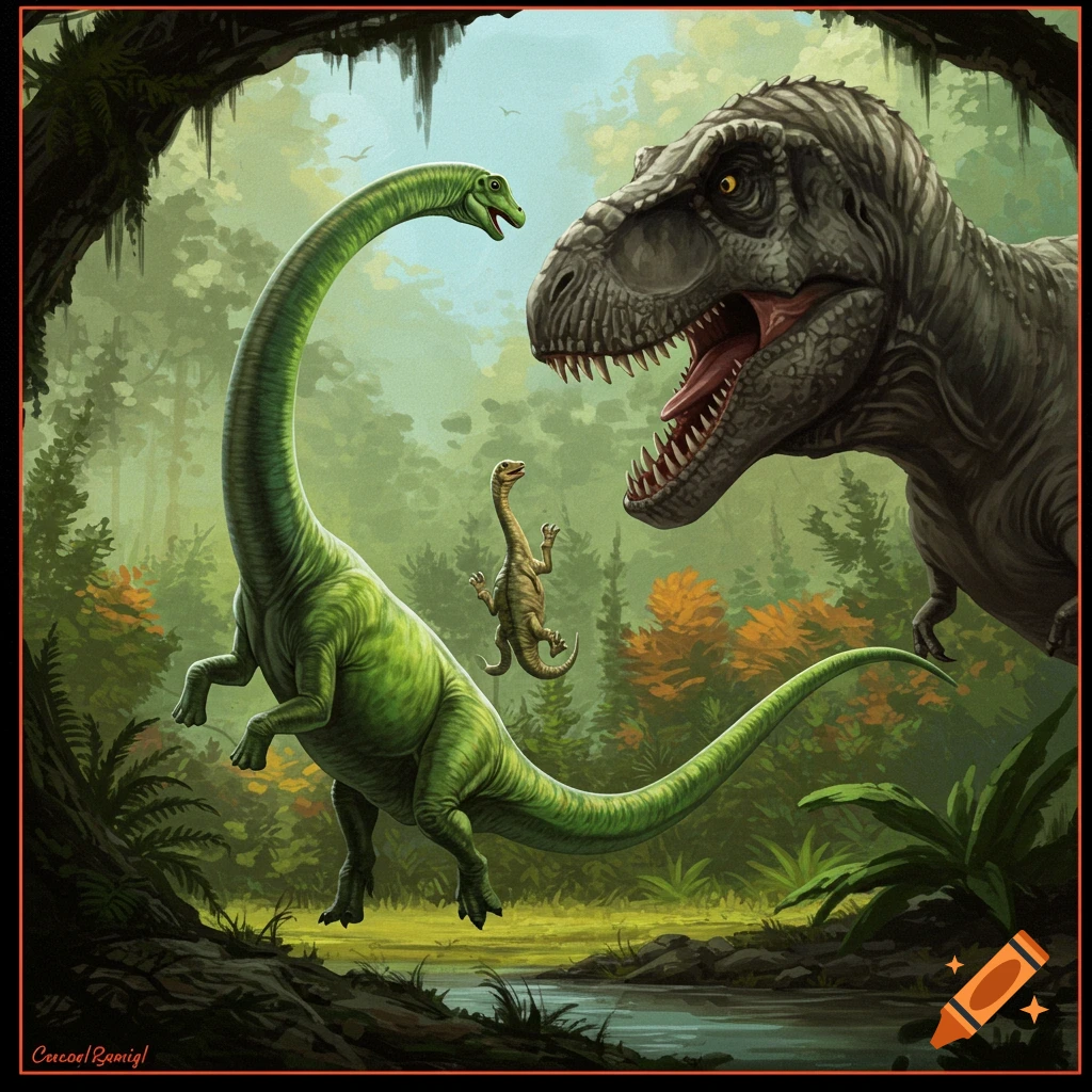 A green long-necked dinosaur faces a T-Rex in a prehistoric forest. A small dinosaur stands between them.