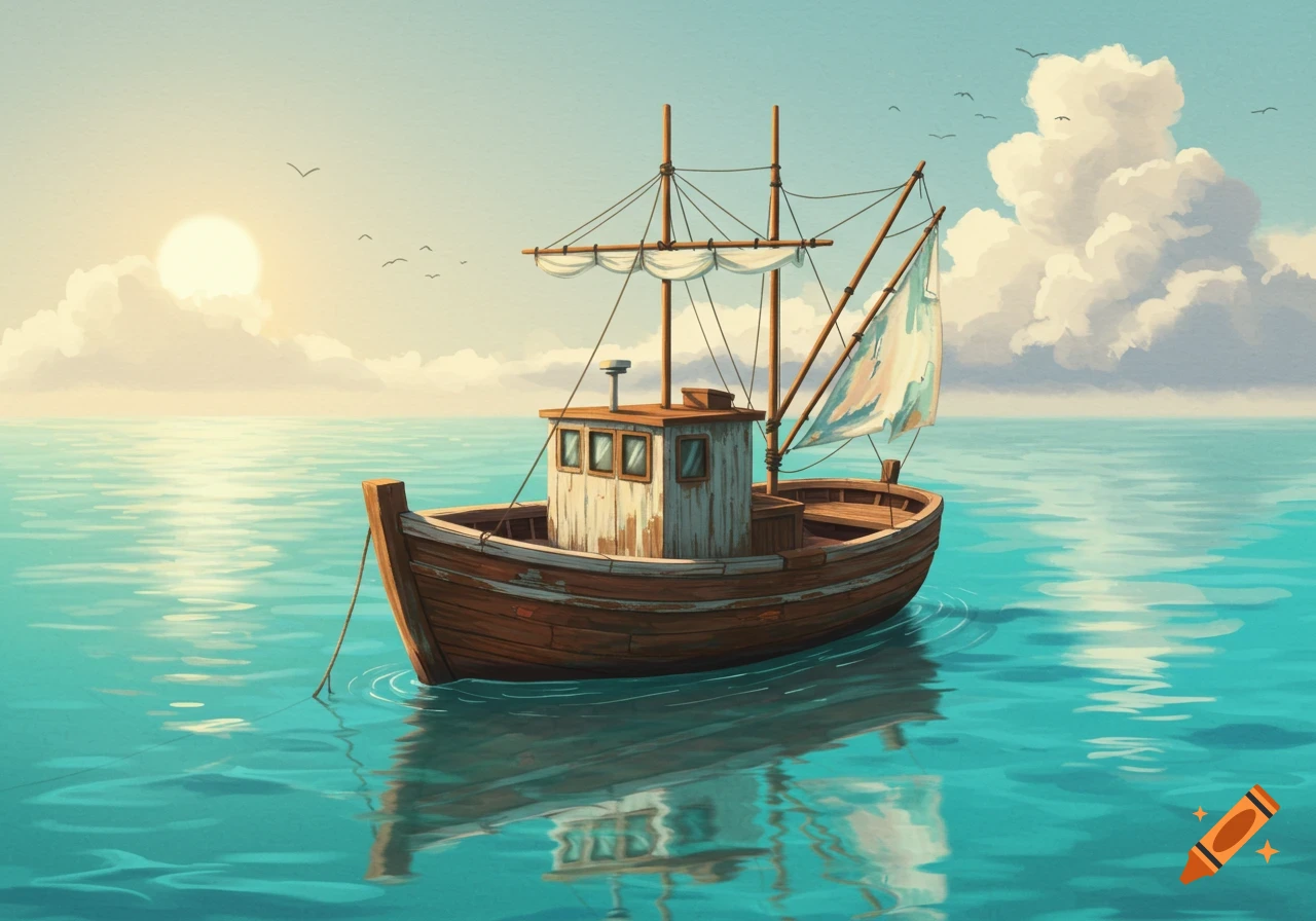 A wooden fishing boat floats on calm water at sunrise, painted style.